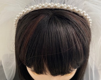 First Communion Veil Pearl Headband, Catholic Girl Headpiece, White Ivory Tulle Ribbon Edge