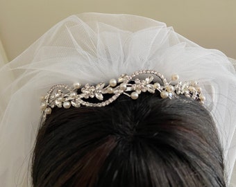 1st Communion Floral Ribbon Pearl and Rhinestone Tiara,Headpiece, Prom Crown, Birthday Tiara, Pagent Crown,  Customized Communion Veil