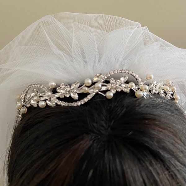 1st Communion Floral Ribbon Pearl and Rhinestone Tiara,Headpiece, Prom Crown, Birthday Tiara, Pagent Crown,  Customized Communion Veil