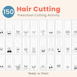 May include: Black and white preschool activity sheet with the text "150 Hair Cutting Preschool Cutting Activity". The sheet features multiple cartoon faces with different expressions and dotted lines for cutting practice.