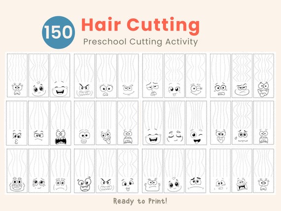 150 Hair Cutting Practice, Scissor Skills Activities, Fine Motor Printable, Preschool Cutting Worksheets | Digital Download