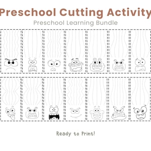 May include: Black and white printable preschool cutting activity sheet. The sheet features various cartoon faces with different expressions, each with a dotted line for cutting practice. The text "Preschool Cutting Activity" and "Ready to Print!" are included.