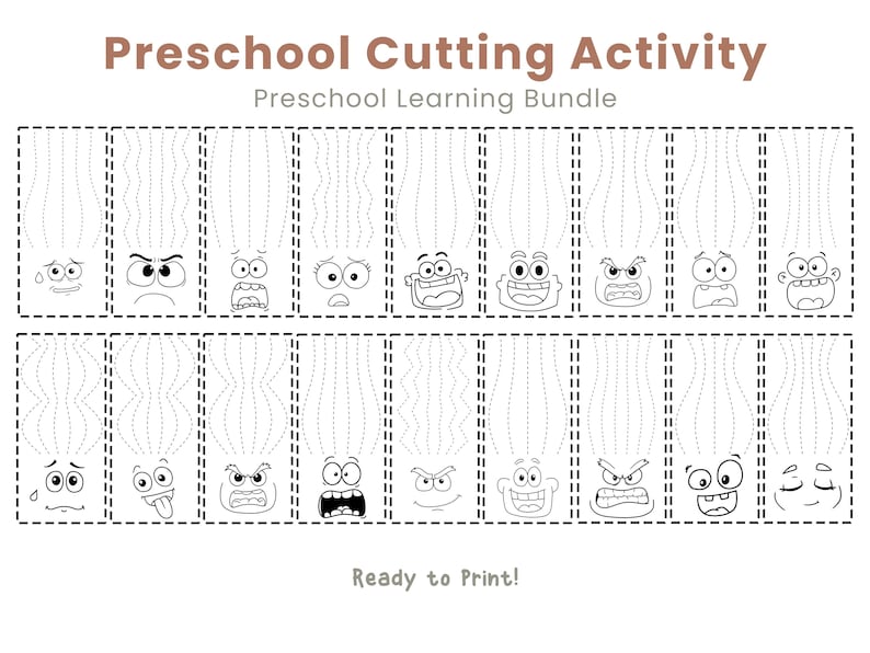 May include: Black and white printable preschool cutting activity sheet. The sheet features various cartoon faces with different expressions, each with a dotted line for cutting practice. The text "Preschool Cutting Activity" and "Ready to Print!" are included.