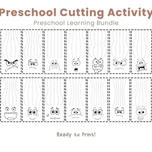 May include: Black and white printable preschool cutting activity sheet. The sheet features various cartoon faces with different expressions, each with a dotted line for cutting practice. The text "Preschool Cutting Activity" and "Ready to Print!" are also visible.