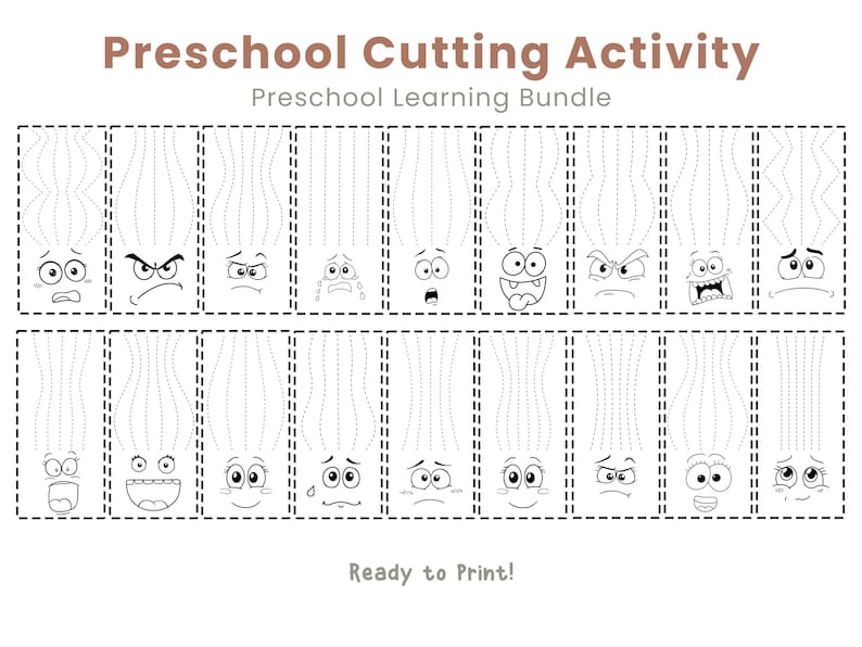 May include: Black and white printable preschool cutting activity sheet. The sheet features various cartoon faces with different expressions, each with a dotted line for cutting practice. The text "Preschool Cutting Activity" and "Ready to Print!" are also visible.