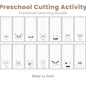 May include: Black and white preschool cutting activity sheet with various cartoon faces and dotted lines for cutting practice. The text "Preschool Cutting Activity" and "Preschool Learning Bundle" are at the top. The words "Ready to Print!" are at the bottom.