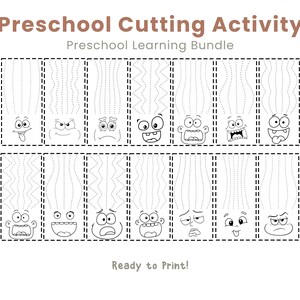 May include: Black and white printable preschool cutting activity sheet. The sheet features various cartoon faces with dotted lines for cutting practice. The text "Preschool Cutting Activity" and "Ready to Print!" are visible.