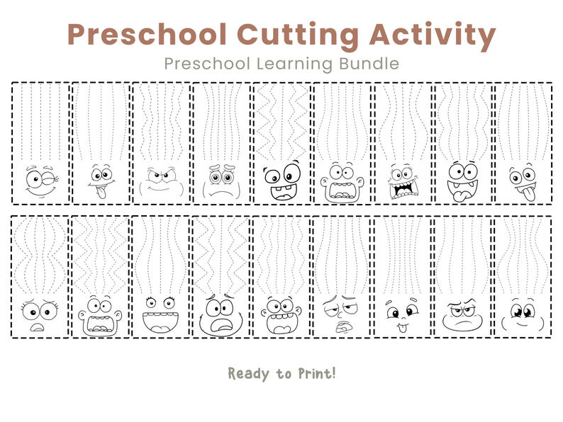 May include: Black and white printable preschool cutting activity sheet. The sheet features various cartoon faces with dotted lines for cutting practice. The text "Preschool Cutting Activity" and "Ready to Print!" are visible.