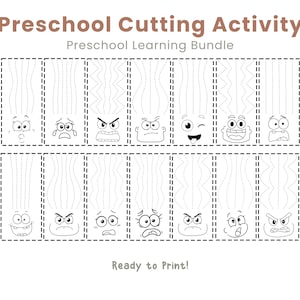 May include: Black and white preschool cutting activity sheet. The sheet features various cartoon faces with different expressions, each with a dotted line for cutting practice. The text "Preschool Cutting Activity" and "Ready to Print!" are also visible.