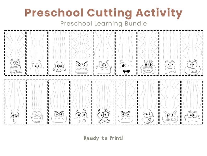 May include: Black and white preschool cutting activity sheet. The sheet features various cartoon faces with different expressions, each with a dotted line for cutting practice. The text "Preschool Cutting Activity" and "Ready to Print!" are also visible.