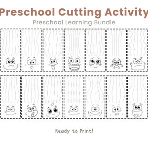 May include: Black and white printable preschool cutting activity sheet. The sheet features various cartoon faces with different expressions, each with dotted lines for cutting practice. Text at the top reads "Preschool Cutting Activity" and "Preschool Learning Bundle". The bottom text says "Ready to Print!"