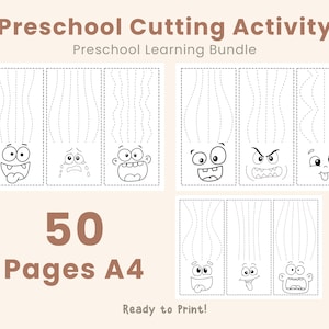 May include: Black and white preschool cutting activity pages. The pages feature various cartoon faces with dotted lines for cutting practice. The text "Preschool Cutting Activity" and "50 Pages A4" are displayed.