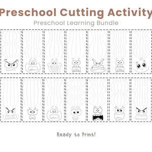 May include: Black and white printable preschool cutting activity sheet. The sheet features various cartoon faces with different expressions, each with a dotted line for cutting practice. The text "Preschool Cutting Activity" and "Ready to Print!" are also visible.