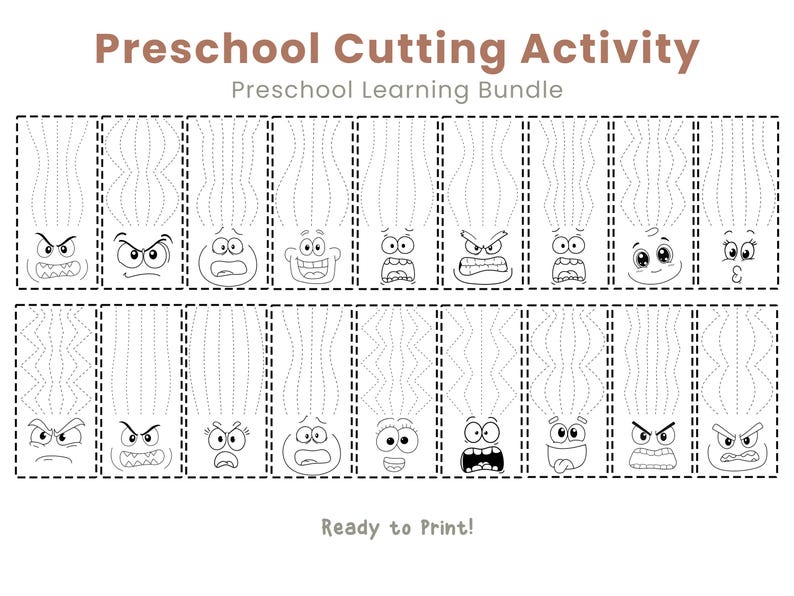 May include: Black and white printable preschool cutting activity sheet. The sheet features various cartoon faces with different expressions, each with a dotted line for cutting practice. The text "Preschool Cutting Activity" and "Ready to Print!" are also visible.