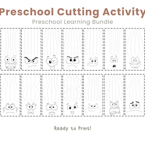 May include: Black and white preschool cutting activity sheet with various cartoon faces and dotted lines for cutting practice. The text "Preschool Cutting Activity" and "Preschool Learning Bundle" are at the top. The words "Ready to Print!" are at the bottom.