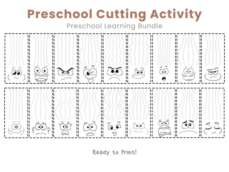 May include: Black and white preschool cutting activity sheet with various cartoon faces and dotted lines for cutting practice. The text "Preschool Cutting Activity" and "Preschool Learning Bundle" are at the top. The words "Ready to Print!" are at the bottom.