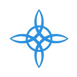 Puede incluir: Un diseño de nudo celta azul, con un círculo central entrelazado con cuatro formas de lágrima estilizadas. El diseño simétrico está sobre un fondo blanco. El nudo es un símbolo a menudo asociado con la espiritualidad y la herencia.
