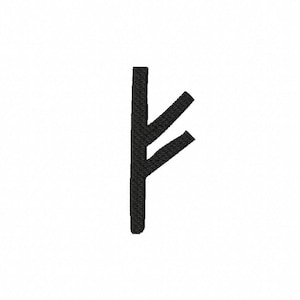 May include: A black rune symbol, likely for embroidery or a similar craft, is centered on a white background. The rune has a vertical line with two diagonal lines branching off, creating a unique, angular design. The image is simple and clean.