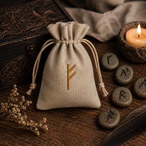 May include: A beige drawstring pouch made of a textured fabric featuring an embroidered gold-colored Fehu rune on the front. The bag has a gathered top with two matching beige cords and is positioned upright on a dark wooden surface.