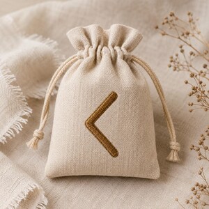 May include: A small, beige linen drawstring pouch featuring a dark brown embroidered chevron symbol on the front. The bag has a gathered top closure with matching beige cord ties and a textured, woven fabric construction.