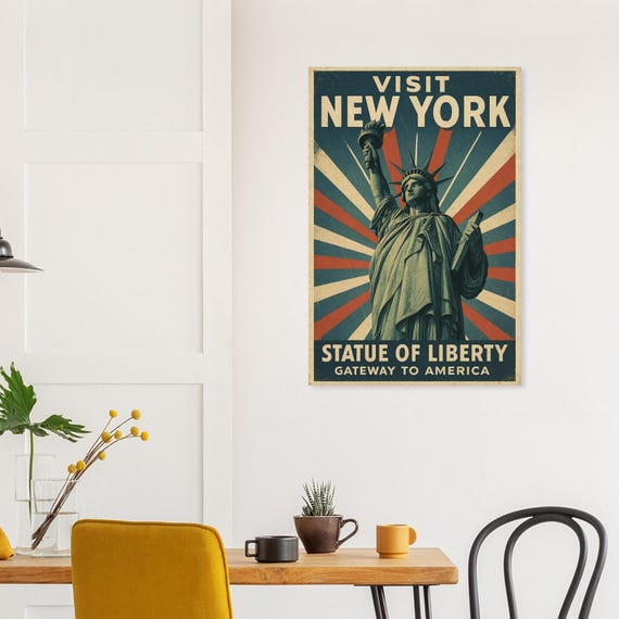 Vintage New York Poster With Statue of Liberty – Retro Art Deco