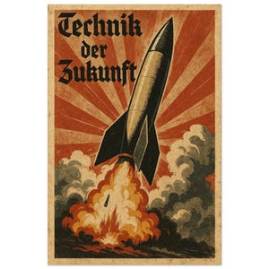 Può includere: Poster vintage con un razzo nero e argento che decolla, con fiamme e fumo. Lo sfondo presenta raggi solari rossi. Il testo tedesco "Technik der Zukunft" è in alto, in un carattere gotico. Il poster ha un aspetto invecchiato.
