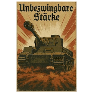 Può includere: Poster vintage con un carro armato militare nei toni del verde e del marrone, ambientato su uno sfondo di raggi rossi. Il testo tedesco "Unbezwingbare Stärke" è visualizzato in alto, trasmettendo un tema di forza.