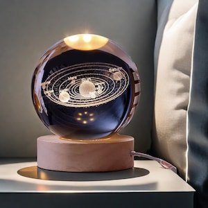 Set of 2 Crystal Ball Night Lights – Engraved Moon Landing & Solar System Designs – 6cm Spheres with Warm Light Base – Space Lover Gift