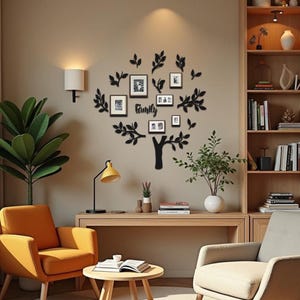 Puede incluir: Arte mural negro con forma de árbol genealógico con marcos de fotos y la palabra "Family". El árbol está adornado con hojas y montado en una pared beige. La habitación incluye un escritorio, sillas y una lámpara.