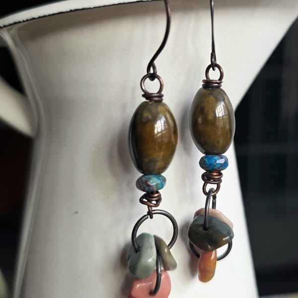 Ceramic and Agate Dangle Earrings: Handcrafted Wire Wrapped Jewelry