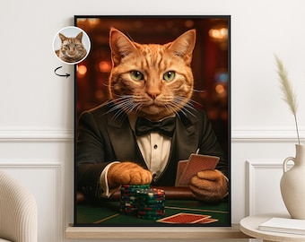Anpassat pokerhusdjursporträtt från foto: Rolig smokingkatt- och hundkonst