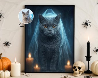 Ritratto personalizzato di un animale domestico per Halloween tratto da una foto: arte gotica di un cane fantasma o di un gatto