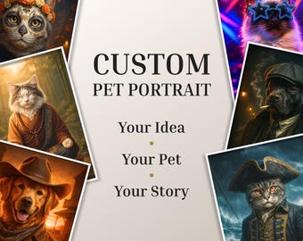 Custom Pet Portrait, Your Idea Theme Personalized Cat or Dog Art, Christmas, Birthday Gift
