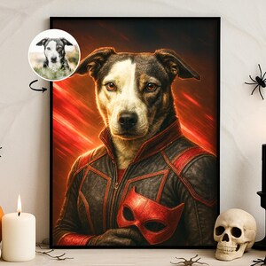 Retro Comic Pet Portrait: Halloween Superhero Deadpool Style Dog Cat Art