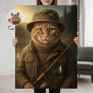 Może przedstawiać: Wydruk na płótnie przedstawiający rudego kota pręgowanego ubranego jako rybak, w zielonym kapeluszu i kurtce, trzymającego wędkę. Kot ma zielone oczy i jest osadzony na tle jeziora. Mniejszy portret kota znajduje się w lewym górnym rogu.