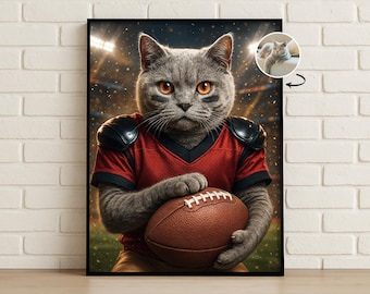 Football Pet Portrait | Custom Dog or Cat in American Football Jersey, Personalized Sports Poster