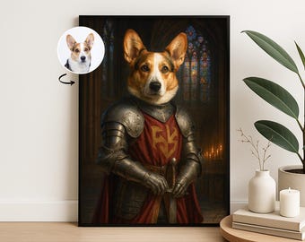 May include: A framed portrait of a Corgi dog dressed as a medieval knight, wearing silver armor and a red tunic with a gold emblem. The background features a stained-glass window and candles, creating a regal and historical theme.