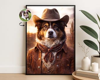 Cowboy Haustier Portrait | Benutzerdefinierte Hund oder Katze Western Art, personalisiertes Haustier Geschenk