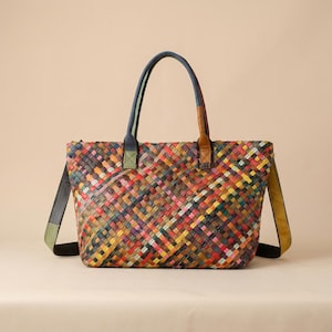 Colorful Woven Leather Tote Bag, Handmade Patchwork Shoulder Bag, Large Capacity Boho Handbag, Unique Cowhide Work Tote, Artisan Bag