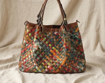 Handgewebte gesteppte Einkaufstasche Frauen Bunte Leder Lehrer Tragetasche Hobo Tasche Große Kapazität Umweltfreundliche Upcycled Patchwork Tasche Geschenk