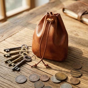 May include: A brown leather drawstring pouch with a collection of antique keys and coins on a wooden surface. The pouch is closed with a leather cord. The keys are of various sizes and designs. Several coins are scattered around the pouch.