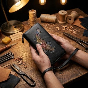 Könnte beinhalten: Schwarze Ledergeldbörse mit farbenfrohem Koi-Fisch-Design. Die Geldbörse hat einen Reißverschluss und eine Handschlaufe. Der Text "Aethelred Leather Co." steht auf einem Etikett. Auf einer Holzoberfläche mit Lederhandwerkszeug.