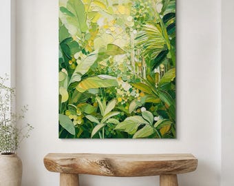 Modern Creamy Mint Jungle Painting, Palette Knife Olive Green Decor, Dappled Light Textured Wall Hanging, Cozy Bedroom Office Home Gift