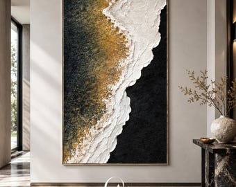 Stor 3D svartguld texturerad konst, abstrakt havsvågsoljemålning, minimalistisk vertikal duk, modern väggdekor