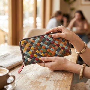 May include: A multi-colored woven leather wallet with a zipper closure and a red pull tab. The wallet is held by a person, and the background shows a cafe setting with a cup of coffee on a wooden table.
