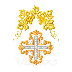 Puede incluir: Diseño bordado con un racimo de uvas y hojas doradas sobre una cruz ornamentada. La cruz tiene un centro plateado y bordes de filigrana dorados. El diseño está sobre un fondo blanco.