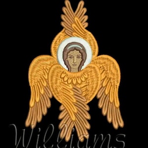 Może przedstawiać: Haftowany wizerunek anioła ze złotymi skrzydłami i aureolą na czarnym tle. Twarz anioła jest wyśrodkowana w aureoli. Słowo "Williams" jest napisane kursywą na dole.