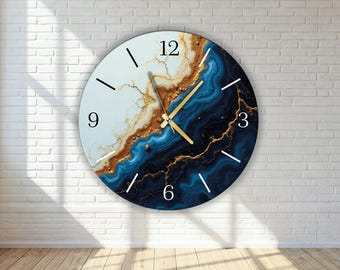 Horloge murale unique moderne surdimensionnée, décoration murale abstraite bleu blanc