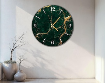Horloge murale en verre marbré vert, décoration d'accueil minimaliste moderne surdimensionnée, ornement de nouvelle maison