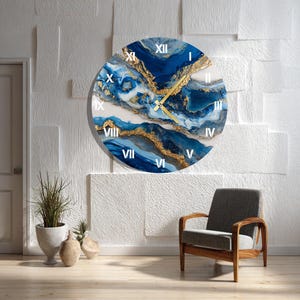 Överdimensionerad väggklocka i blå guldmarmor i härdat glas: Modern abstrakt konst